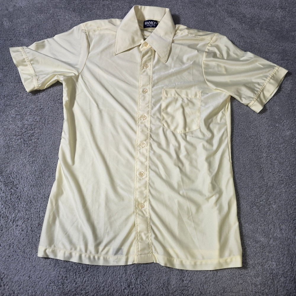Damon Mens Medium Shirt Pale Yellow Vintage 70s Nylon Short Sleeve Button Down